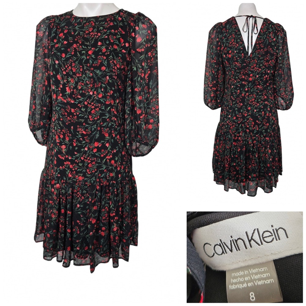 Calvin Klein Floral Chiffon Drop Waist Ruffle Dress Black Red Size 8